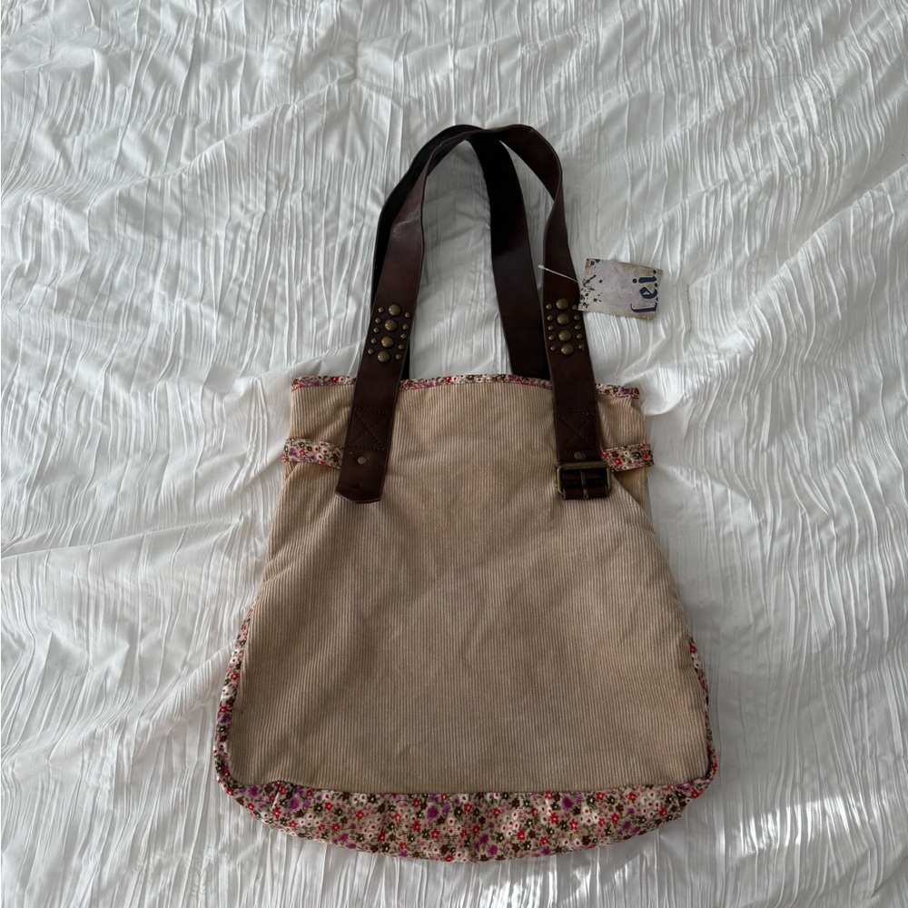 Lei Tan and Brown Tote with Floral Accents